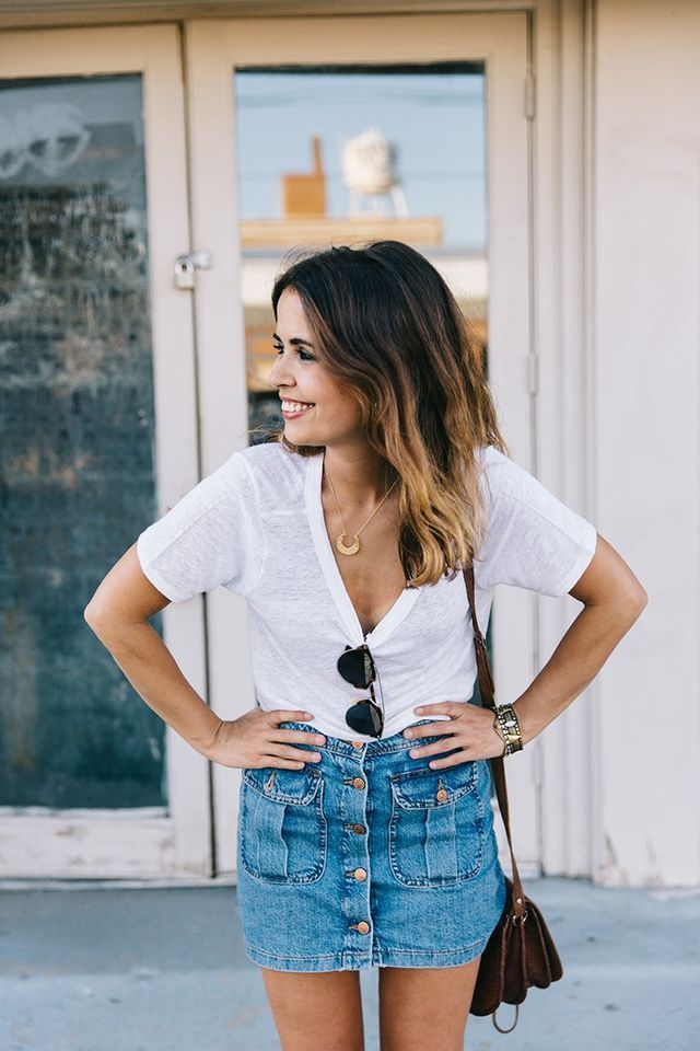 Denim skirt shop look