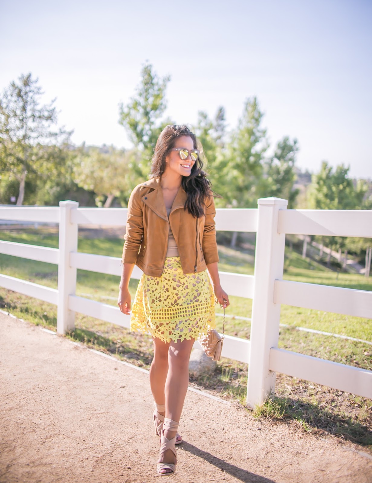 Jetting Jewels suede moto jacket yellow skirt