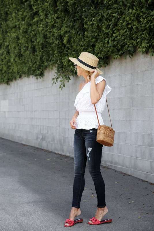 Outfit Ideas: Damsel in dior wearing one shoulder ruffle top, skinny jeans, red polkadot slides and a basket bag