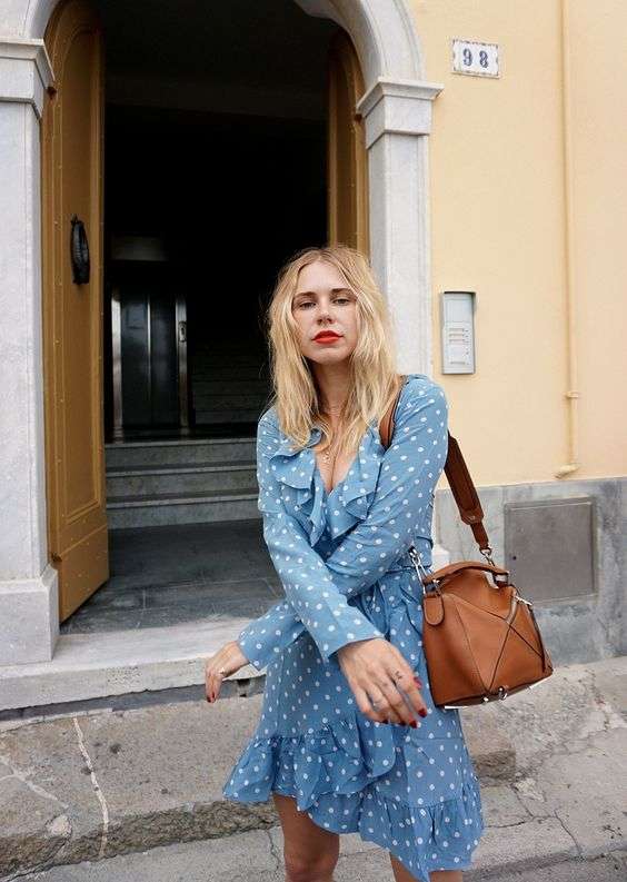 Wear polka dots this fall: Blue and white polka dot wrap dress