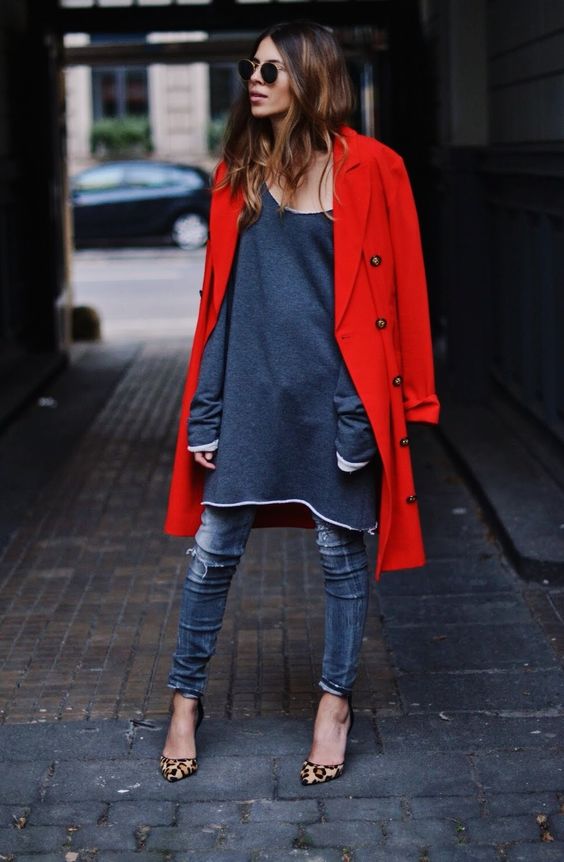 style pairings we love: Red and leopard! Sweater dress over distressed skinny jeans, red trench coat and leopard pointed toe pumps