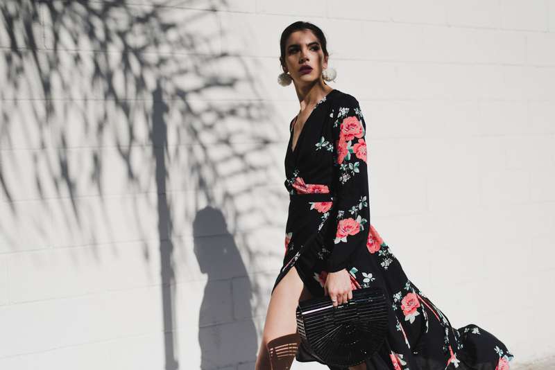 floral dress, floral wrap dress, floral maxi dress, floral wrap maxi dress, ruffle dress, floral ruffle dress, floral ruffle wrap maxi dress, black florals, black maxi dress, cult gaia black bag, sock booties, pom pom earings