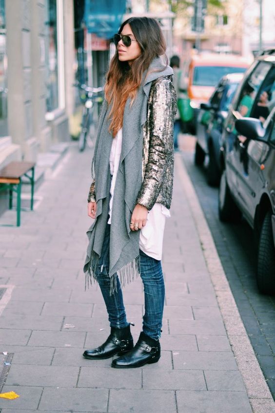 How-to Wear Casual Winter Layers like a Pro via @stylereportmag We love how fashion it girl Maja Wyn rocks her winter layers. Combining a sequin jacket with casual oversized cozy grey scarf, skinny jeans and biker boots