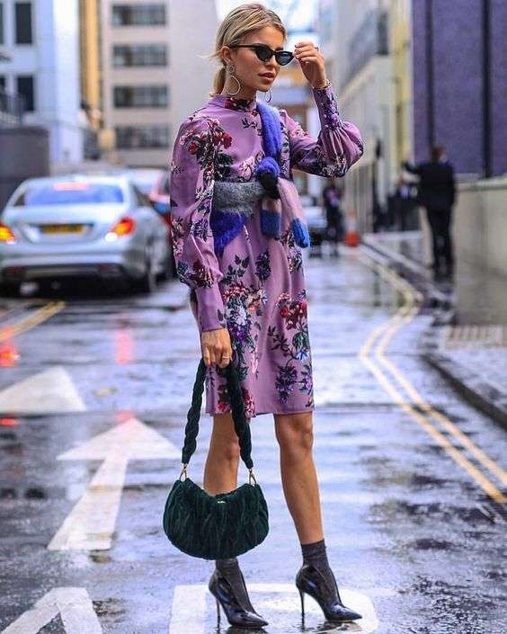 Lavender Outfit Ideas to Try in 2018: Print is a great way to incorporate a trend color. This long sleeve floral dress gets an edgy update with metallic socks and pumps