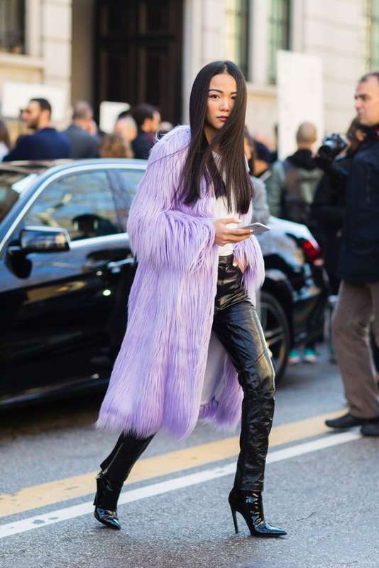 Lavender Outfit Ideas to Try in 2018: A lavender faux fur coat is an instant outfit maker.
