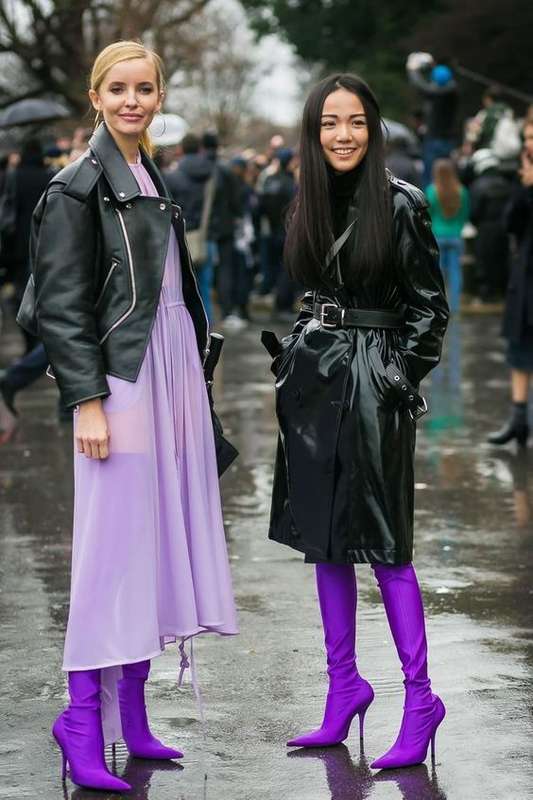 Lavender Outfit Ideas to Try in 2018: Rock a lavender dress wit a moto jacket and pair with purple booties for a stand out look