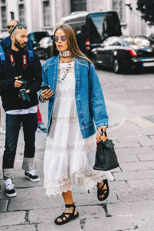 Denim Jacket Outfit Ideas: Layer denim jacket with textured midi dress