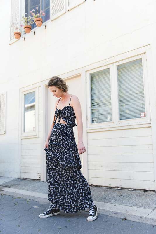 A flirty floral maxi dress and sneakers is a great everyday outfit idea