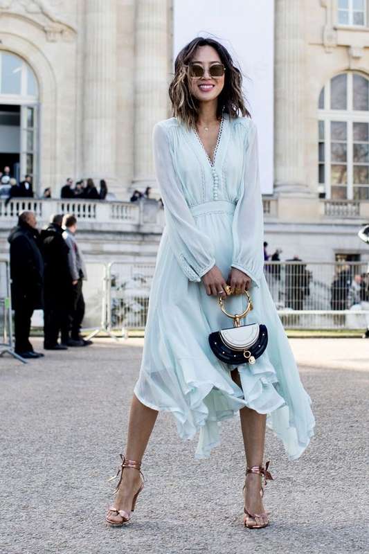 Need Dress Ideas for Attending a Church Wedding? We're loving this long sleeve pastel midi dress on Aimee Song fo Song of Style