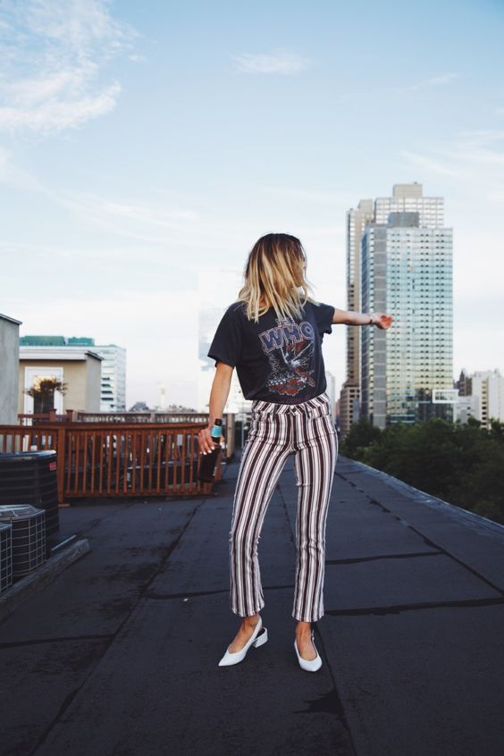 Graphic Tee Outfits: Rock Tee Band Tee Striped Pants Striped Cropped Pants White Pointy Toe Block Heel Sling Backs