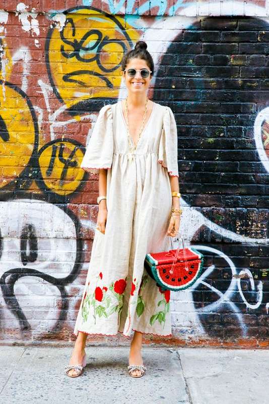 Man Repeller Watermelon basket Bag, long necklace wedge slides, 