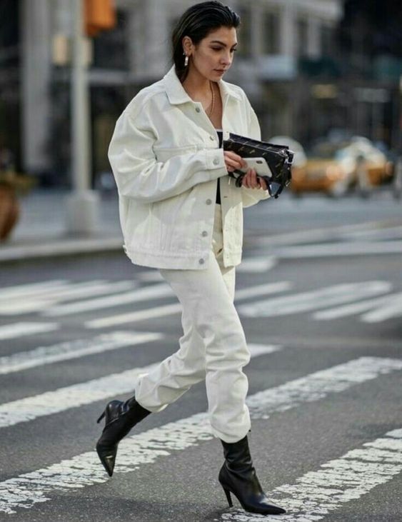 all white outfit with jean jacket