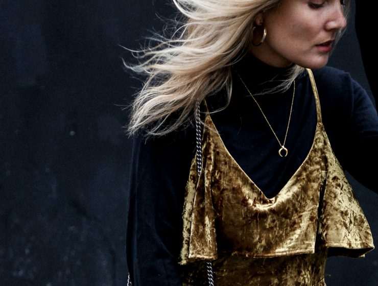 Velvet Midi Dress Black Turtleneck Crescent Necklace Fall Layeres