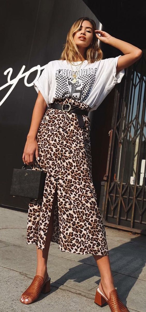 leopard print midi skirt outfit