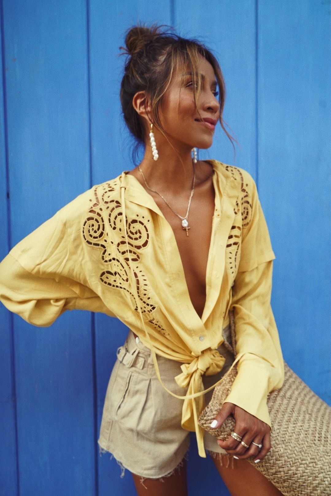 Bold Color Outfits Sincerely Jules Yellow Peasant Blouse Zara Pleated Shorts Pearl Earrings Influencer Style California Style LA Style Summer Style 