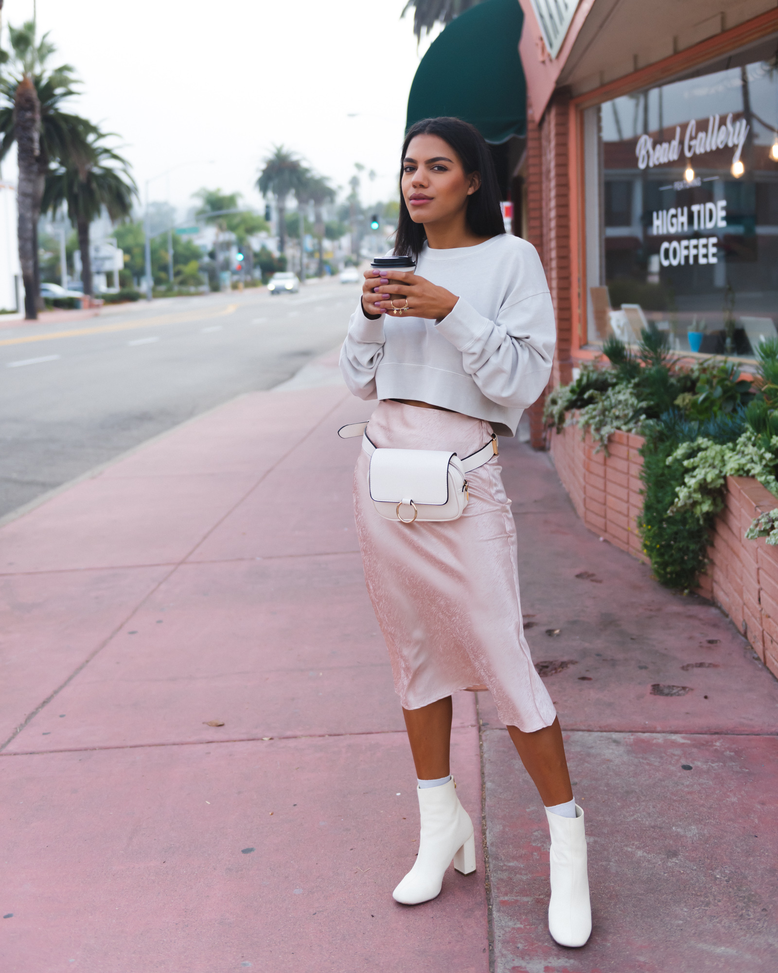 pink satin skirt outfit