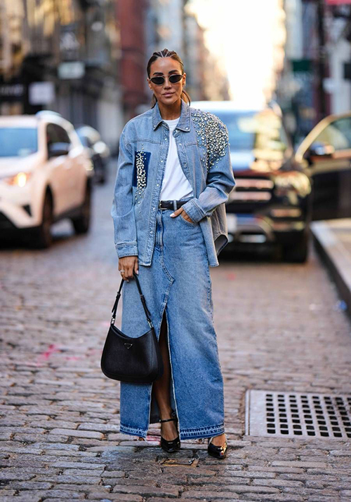 Denim skirt and on sale denim jacket outfit